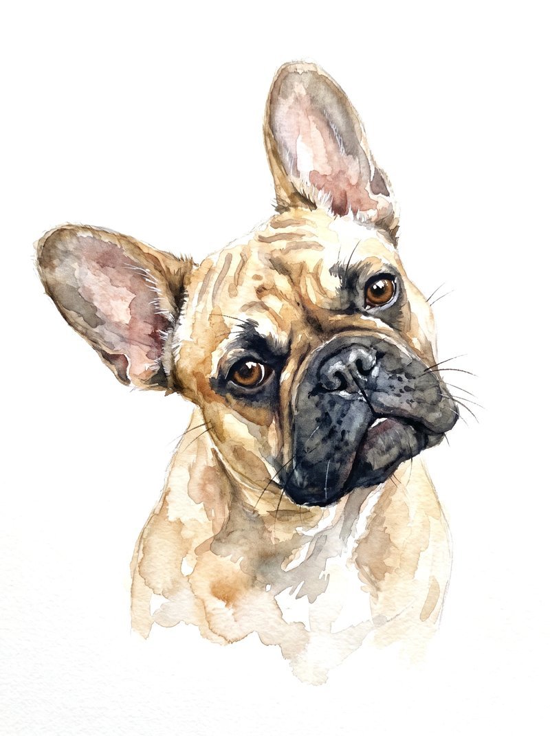 The watercolor portrait of a French bulldog