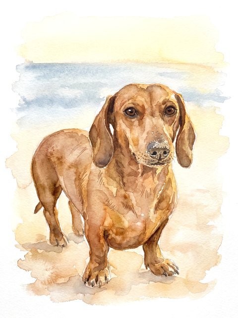 The same dachshund with a soft wash of the beach behind