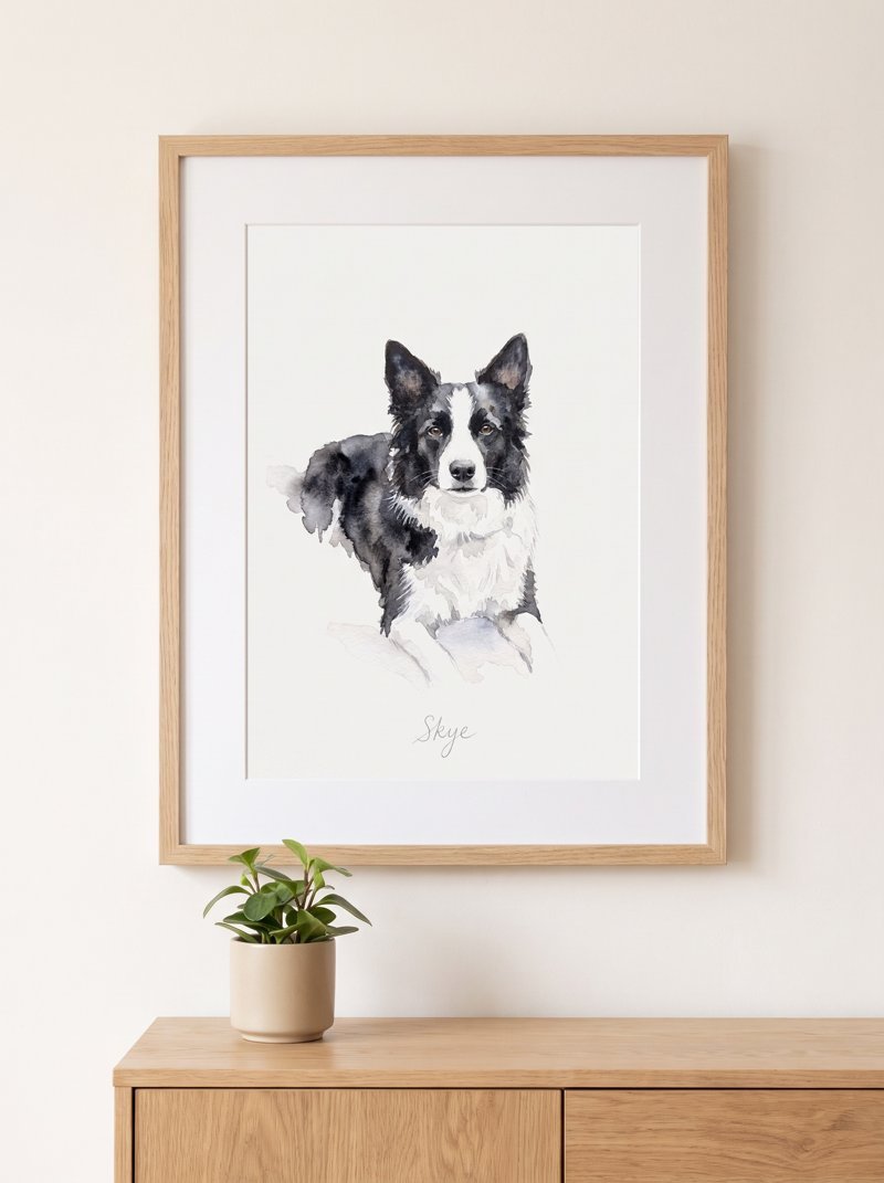 Skye's portrait framed in light oak, hanging on a wall